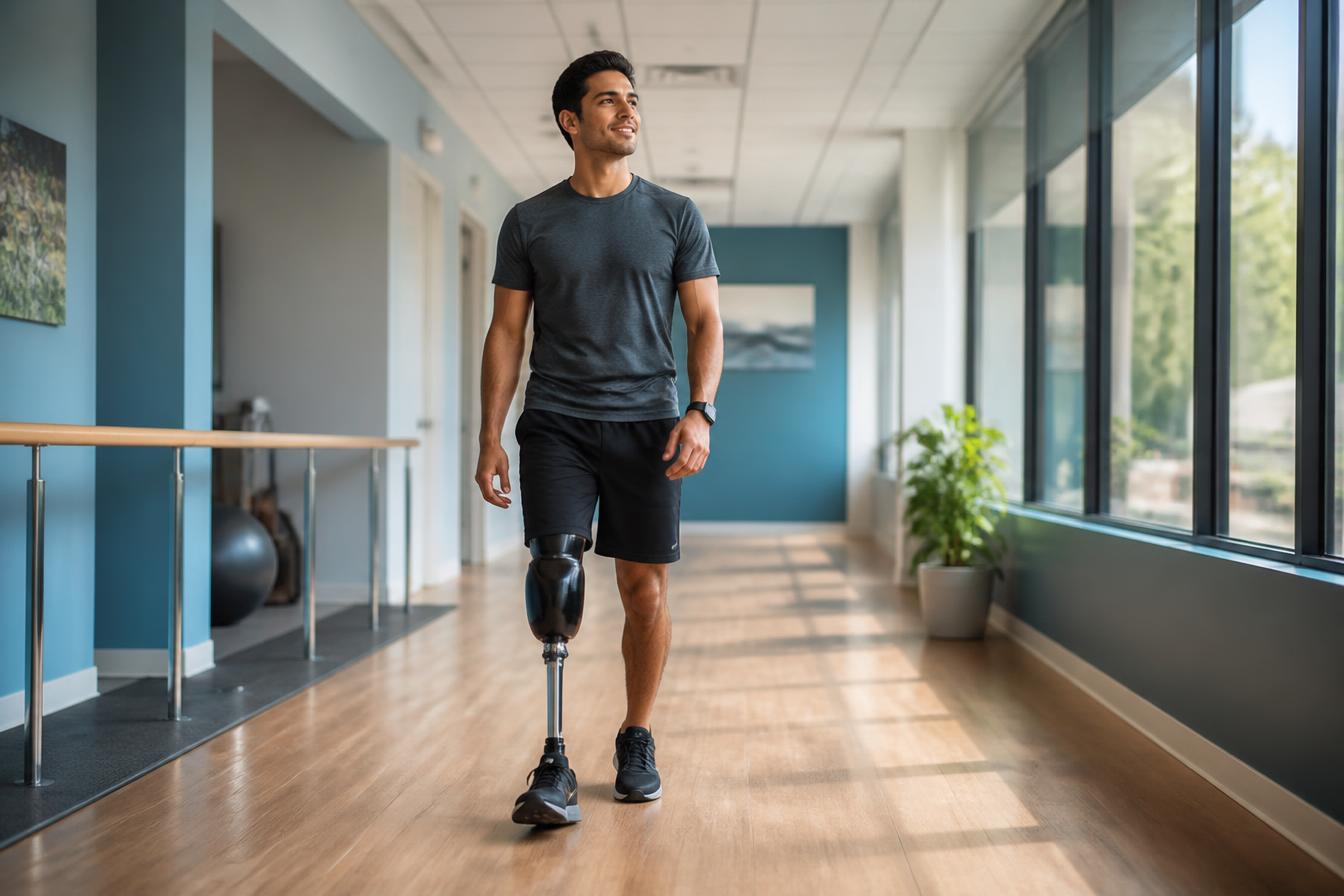 Pessoa com prótese caminhando em clínica de reabilitação