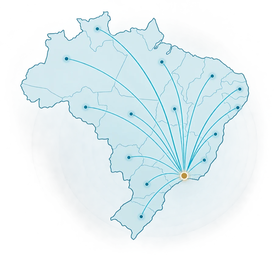 Mapa do Brasil com rotas de pacientes de todas as regiões convergindo para São José dos Campos